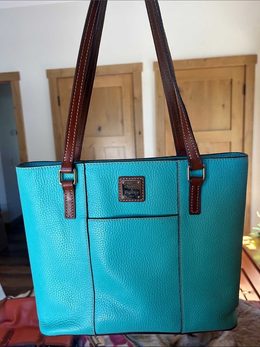 Dooney & Bourke Turquoise Pebble Leather Tote with Brown Straps